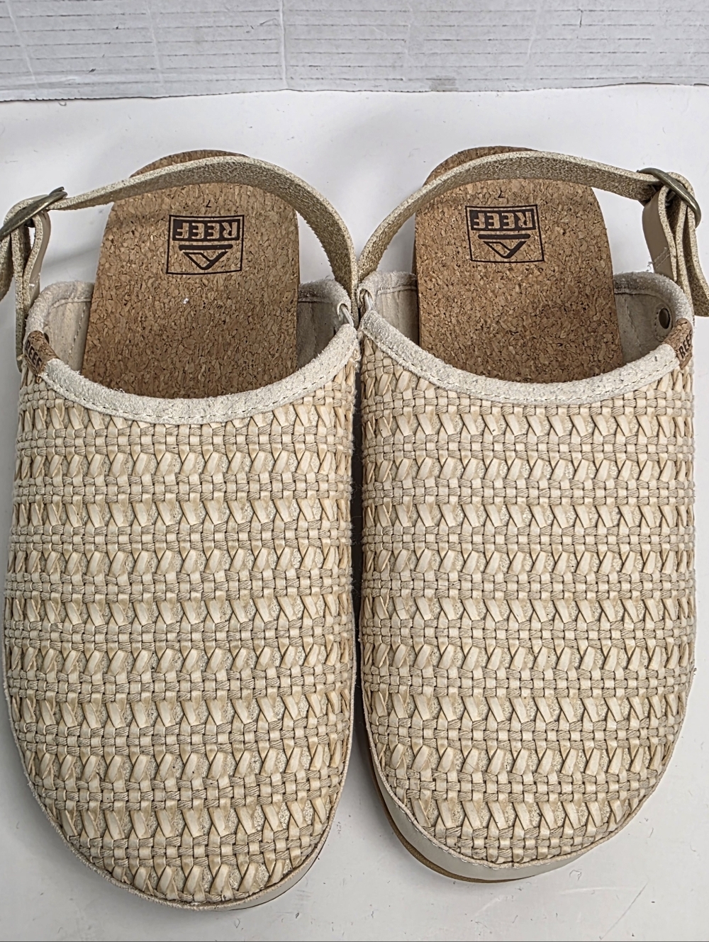 Reef Cushion Sage Cream Woven Mules Sz 7